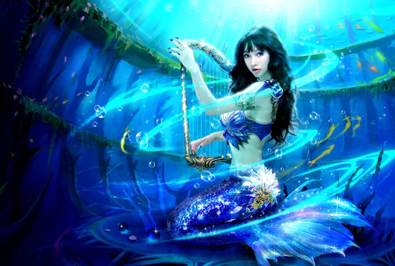 A captivating mermaid plays a golden harp underwater, surrounded by shimmering fish and vibrant aquatic scenery, illuminated by ethereal blue light.