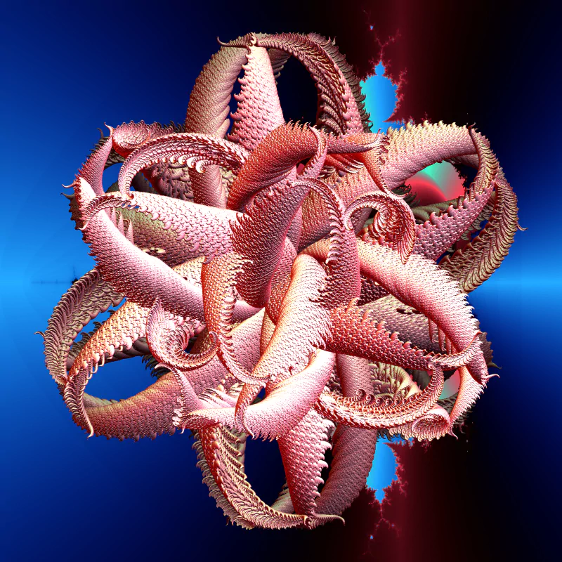 Abstract fractal design featuring an intricate, spiky, interwoven structure in shades of pink and red against a gradient blue background with fractal patterns.