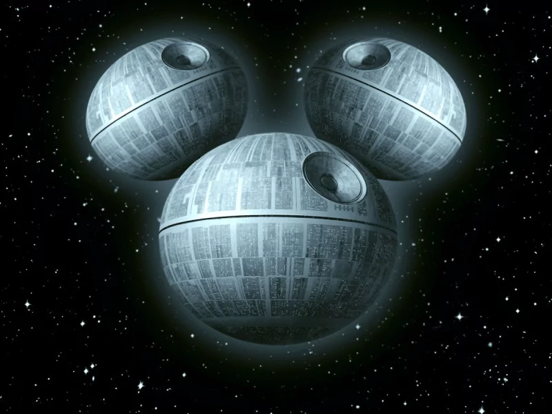 A creative image blending Disney and Star Wars, depicting three Death Star-like spheres arranged to resemble Mickey Mouse's head in space.