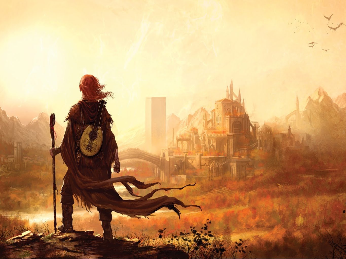A lone traveler with a staff overlooks a sprawling fantasy landscape featuring ancient buildings and distant mountains under a glowing sky.
