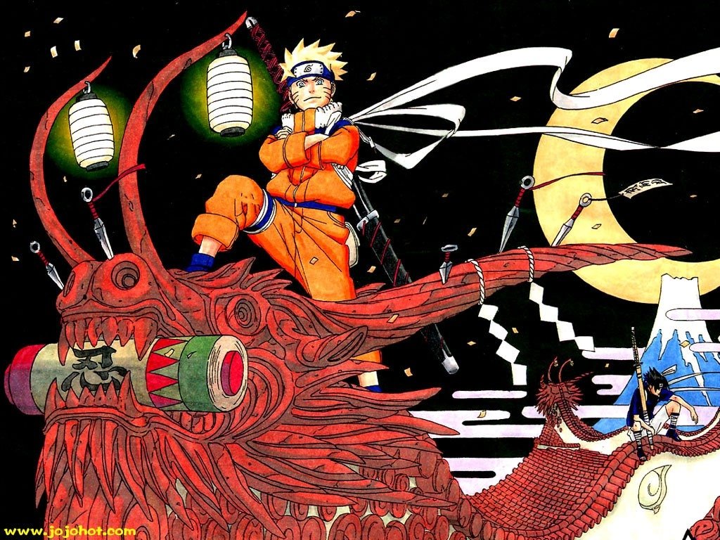 A dynamic scene from the anime Naruto featuring Sasuke Uchiha and Naruto Uzumaki standing triumphantly on a vibrant red dragon against a night sky.