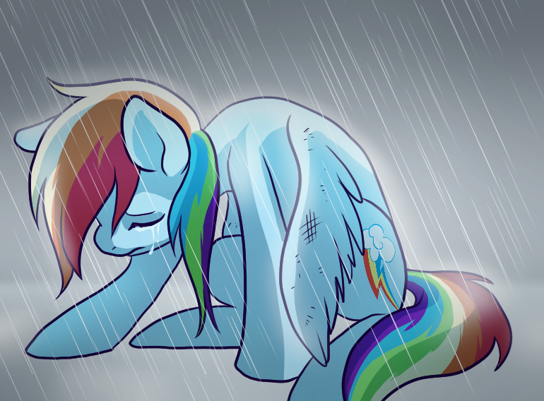 Rainbow Dash from My Little Pony is shown kneeling in the rain, looking down with a somber expression under a gray, stormy sky.