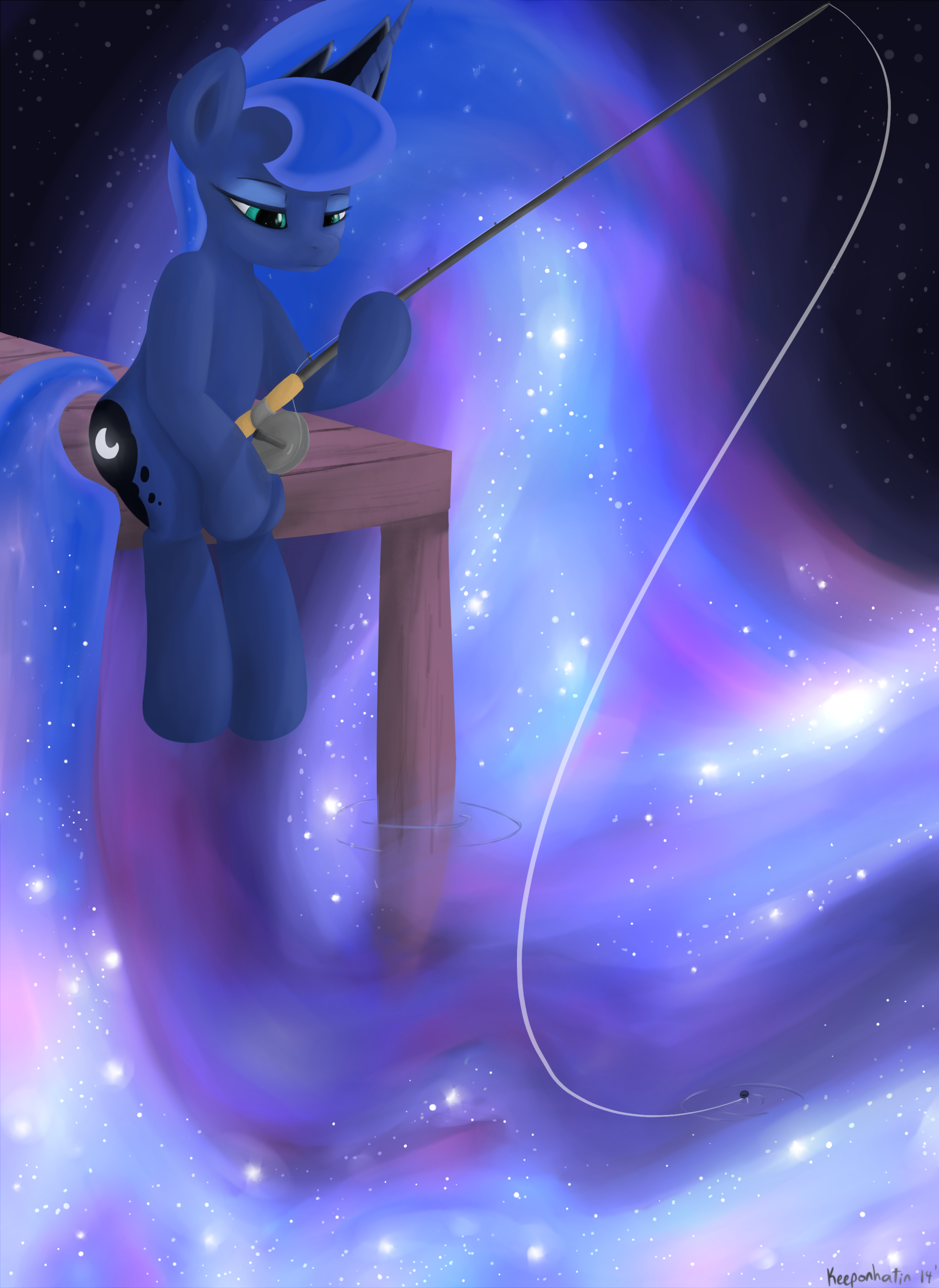 Princess Luna from the TV show My Little Pony sits on a wooden dock, fishing into a swirling, star-filled night-sky of cosmic purples and blues.
