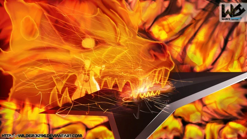 An intense anime illustration featuring Kurama, the Kyūbi from Naruto, surrounded by fiery flames, showcasing dynamic energy and powerful visuals.