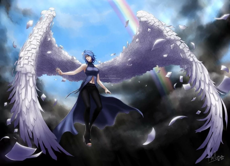 Konan from Naruto soars through a stormy sky, her large paper wings spread wide. Rainbows and flying papers surround her, capturing the essence of her character in this vibrant anime scene.