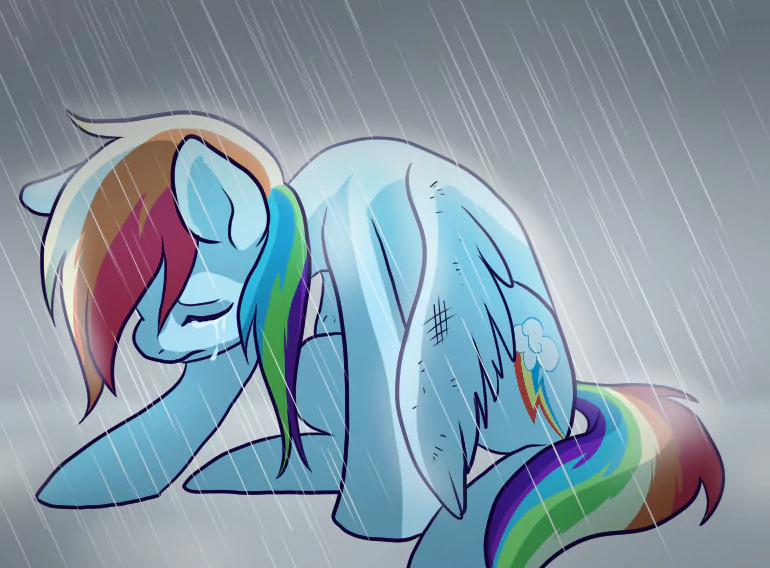 Rainbow Dash from My Little Pony is shown kneeling in the rain, looking down with a somber expression under a gray, stormy sky.