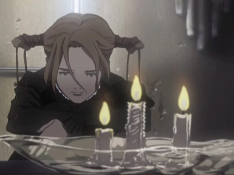 Anime image from Witch Hunter Robin: Robin leans over three lit candles in a dim room, wearing a dark coat and a thoughtful, intense expression.