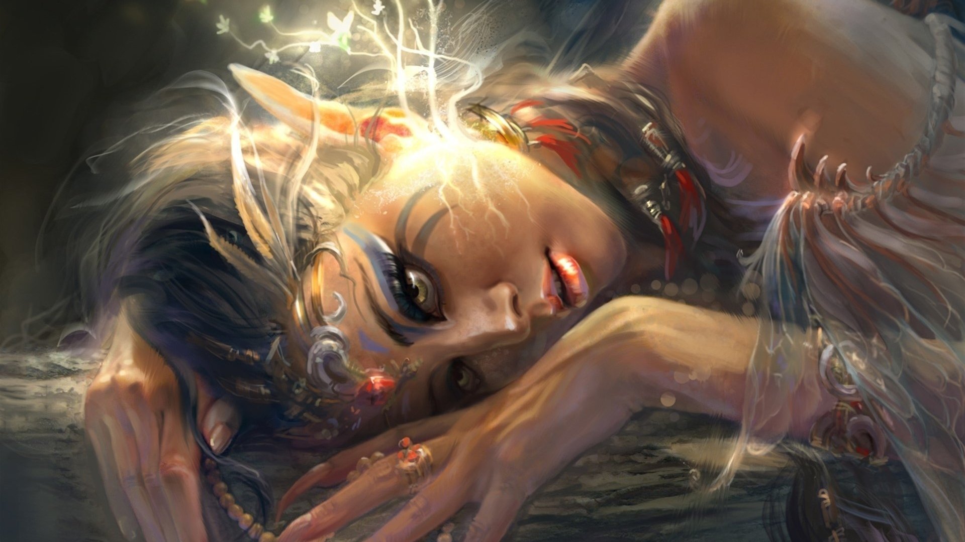 A fantasy elf with glowing antlers and intricate jewelry lies peacefully with a serene expression, surrounded by soft, magical light.