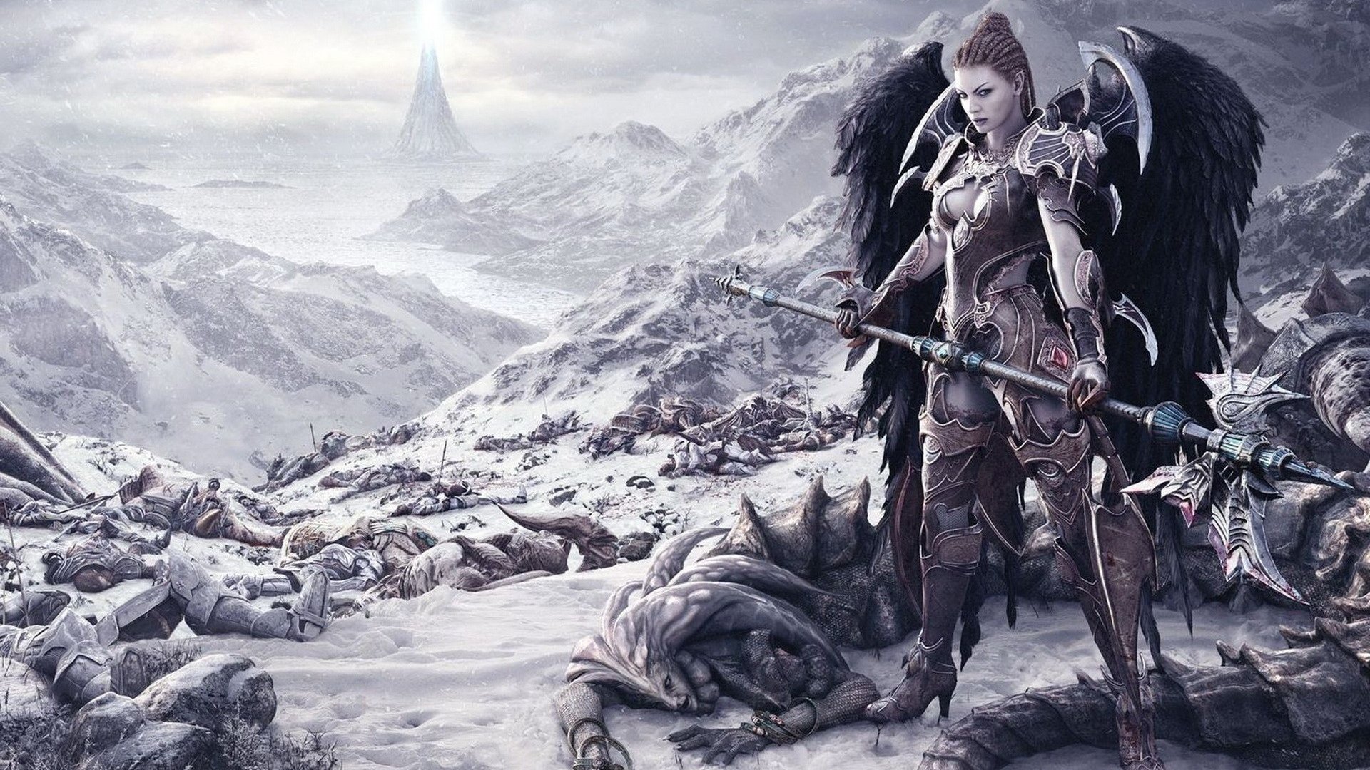 A fantasy angel warrior with dark wings stands on a snowy battlefield, holding a large weapon amid fallen foes and rugged mountain terrain.