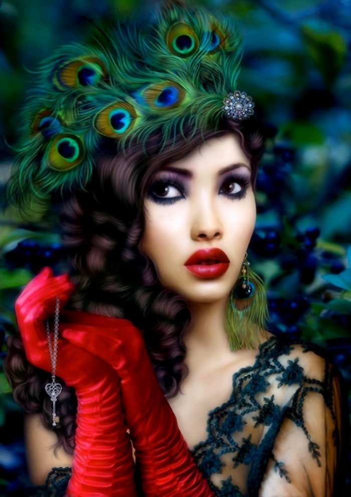Fantasy portrait of a woman in a peacock-feather headdress, red satin glove holding a dangling ornate key, dramatic makeup and lace dress.