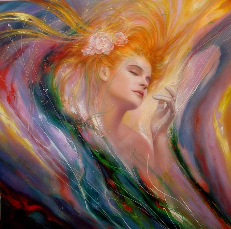 A dreamy woman with flowing, colorful hair adorned with roses, emanating a sense of fantasy and tranquility, surrounded by swirling vibrant hues.