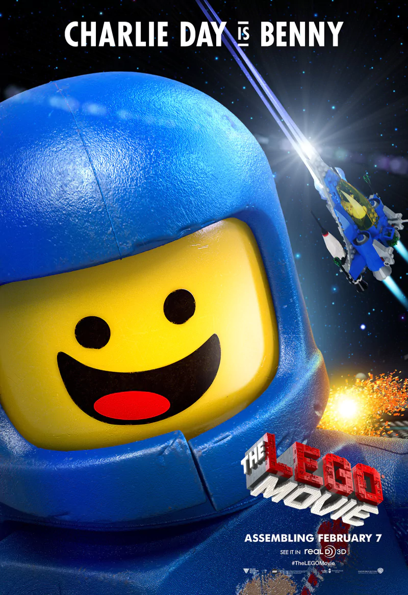 Close-up of Benny, a blue-suited LEGO astronaut from The Lego Movie, with text announcing Charlie Day as Benny and the movie’s February 7 release date.