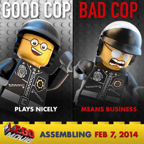 Split poster of LEGO Good Cop (The Lego Movie): smiling minifigure labeled Good Cop — plays nicely beside a snarling Bad Cop — means business; film logo and release date banner.