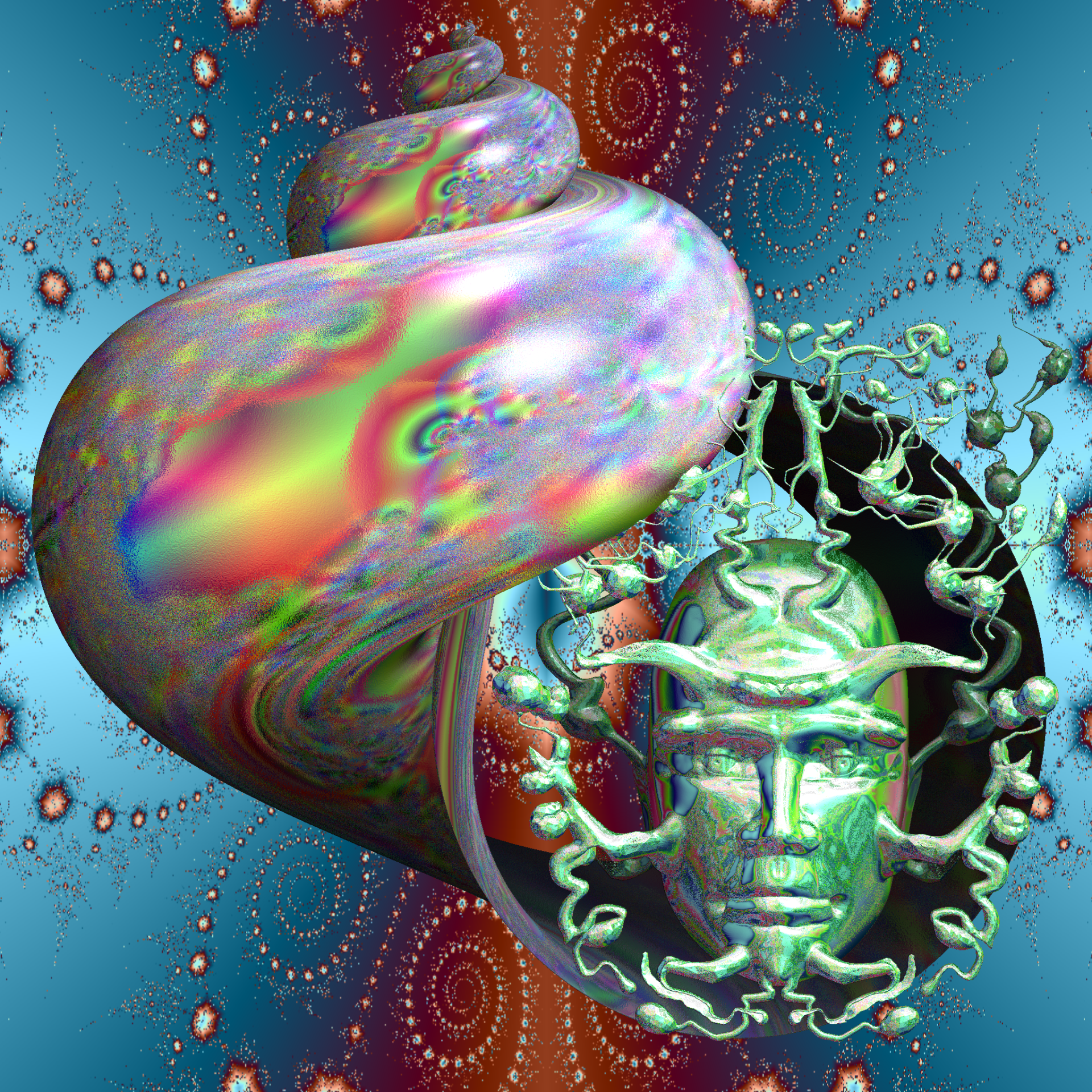Abstract fractal artwork featuring a swirling, iridescent spiral intertwined with a metallic, Medusa-like face surrounded by intricate, coiling patterns against a vibrant backdrop.