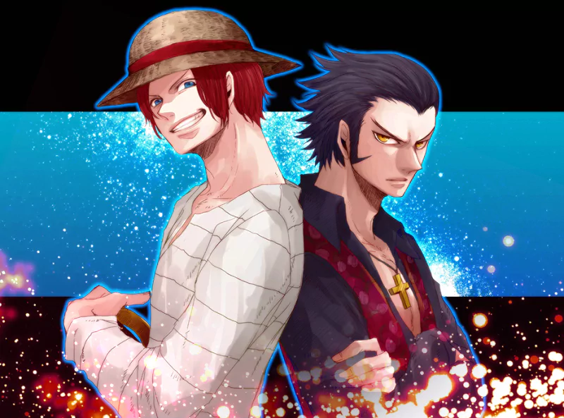 A vibrant anime illustration features Shanks and Dracule Mihawk from One Piece, standing back to back, showcasing their distinct styles against a colorful background.