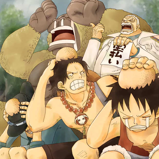 A dynamic scene from *One Piece* featuring Monkey D. Luffy, Sabo, and others in a humorous moment, surrounded by vibrant gorillas and monkeys, capturing the playful essence of the anime.