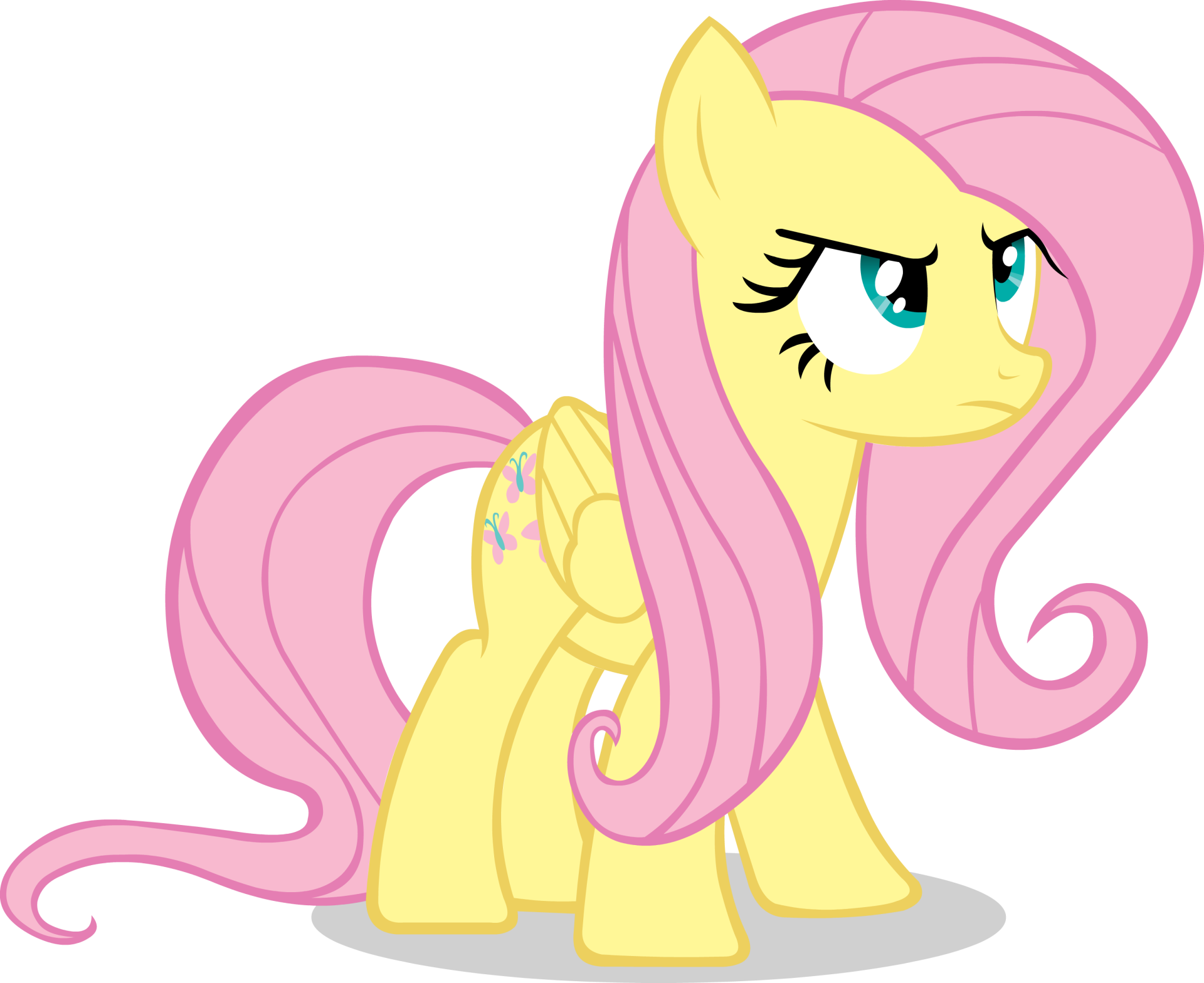 Fluttershy (My Little Pony), from the TV show My Little Pony: a yellow pegasus pony with long flowing pink mane, teal eyes, and a trio of butterfly cutie-mark on her flank.