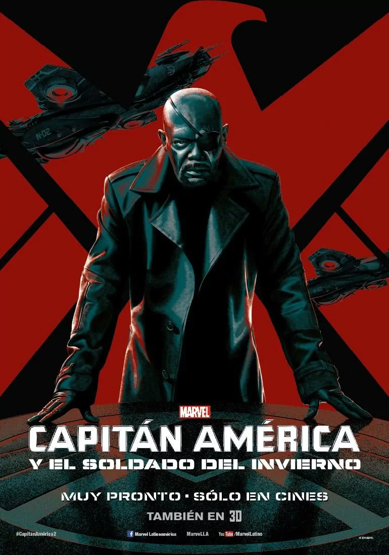 Promotional poster for the movie Captain America: The Winter Soldier featuring a stern character in a dark coat against a red and black backdrop with helicopters.