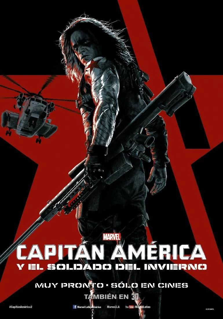 Promotional poster for the movie Captain America: The Winter Soldier, featuring the Winter Soldier holding a weapon with a helicopter in the background against a red star.