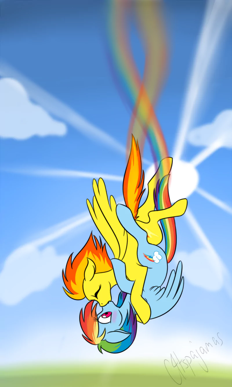 Spitfire and Rainbow Dash from the My Little Pony TV show dive through a sunny sky, wings entwined and leaving bright rainbow contrails.
