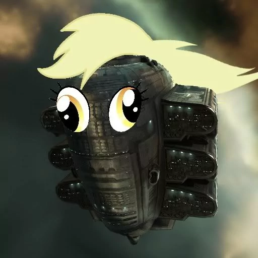 EVE Online–style starship with oversized Derpy Hooves eyes and a blond mane from the TV show My Little Pony — a whimsical sci‑fi/pony mashup.