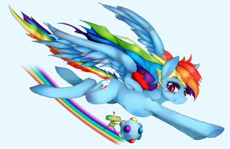 Rainbow Dash from My Little Pony flies dynamically, holding a Katamari Damacy ball, leaving a rainbow trail behind against a white background.