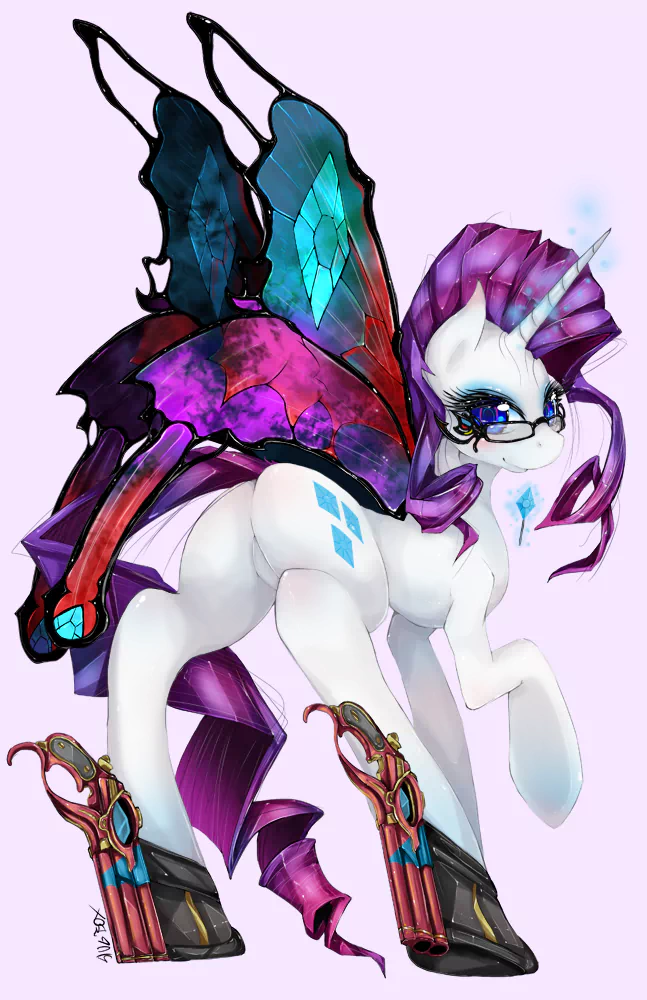 A fusion of Bayonetta and Rarity from My Little Pony, featuring Rarity with Bayonetta's butterfly wings, glasses, and signature guns on her legs, blending elements from the TV show and game.