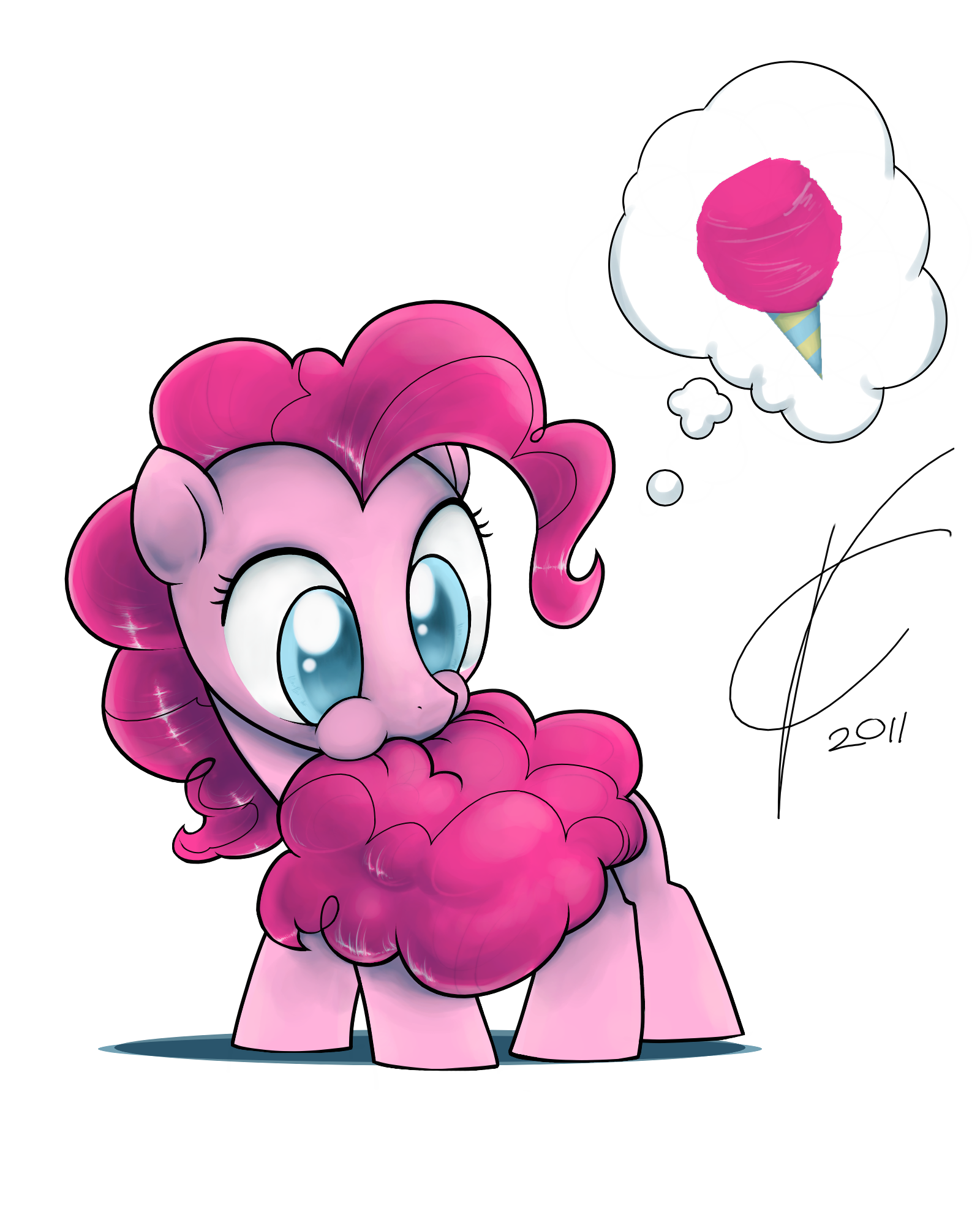 Cute Pinkie Pie (My Little Pony TV show) with a puffed cotton-candy mane and big eyes, imagining a cotton candy cone.