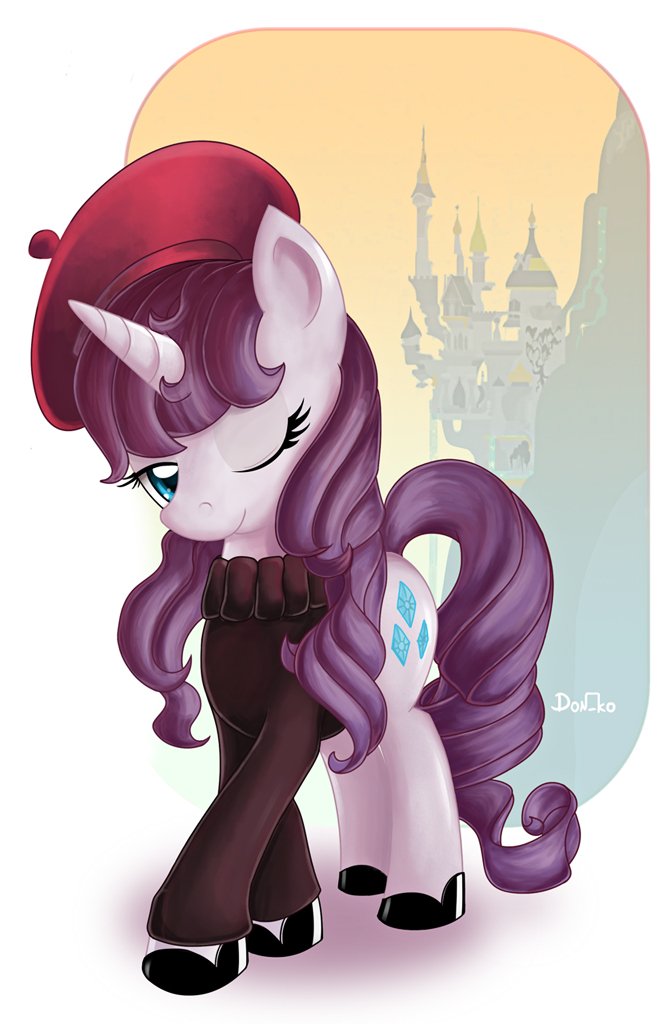 Rarity from the My Little Pony TV show is depicted wearing a red beret and black sweater, standing with a softly lit castle backdrop.