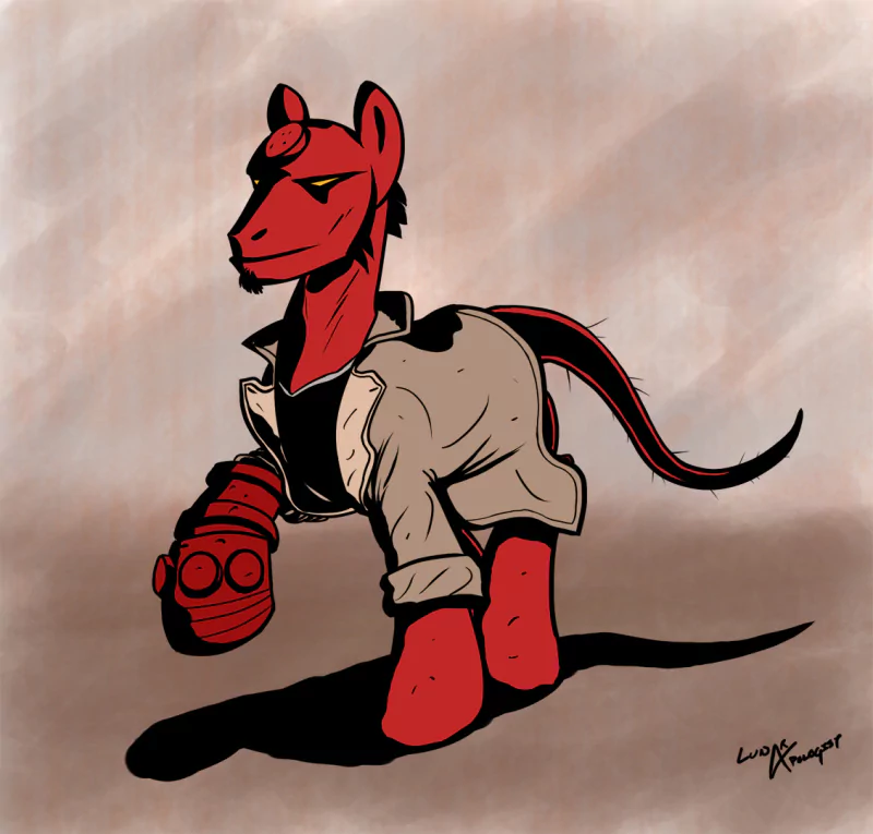 Crossover fan art: a red My Little Pony reimagined as Hellboy — trench coat, filed-down horns, tail and oversized stone Right Hand of Doom in a TV-show style.