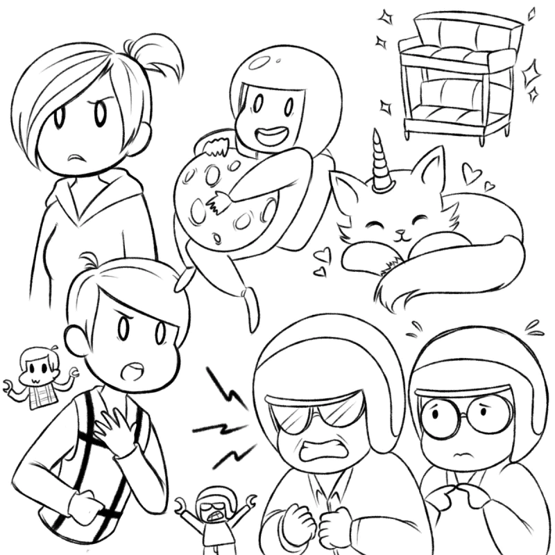 Line-drawing of The Lego Movie: Wyldstyle, Emmet, Good Cop, Benny and Unikitty as a smiling unicorn-cat, with other human characters and a crescent moon above.