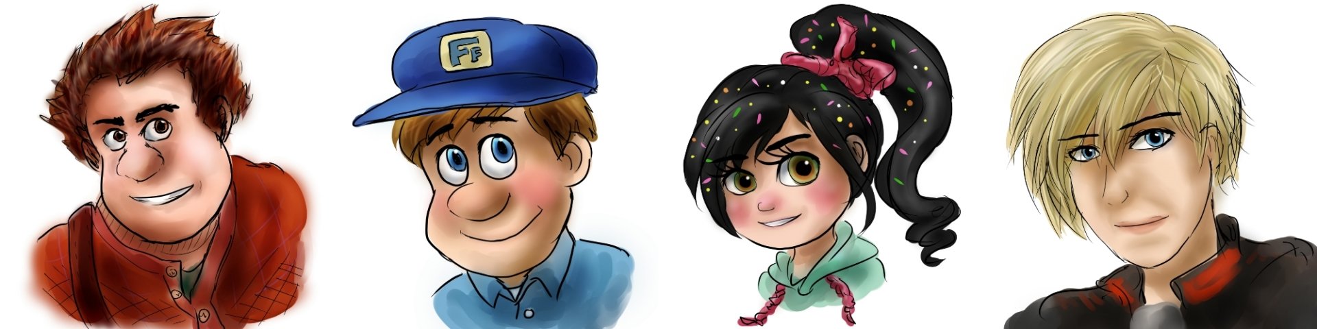 Headshot lineup of Wreck‑It Ralph characters — Ralph, Vanellope von Schweetz and Sergeant Calhoun — shown as bright, stylized cartoon portraits.