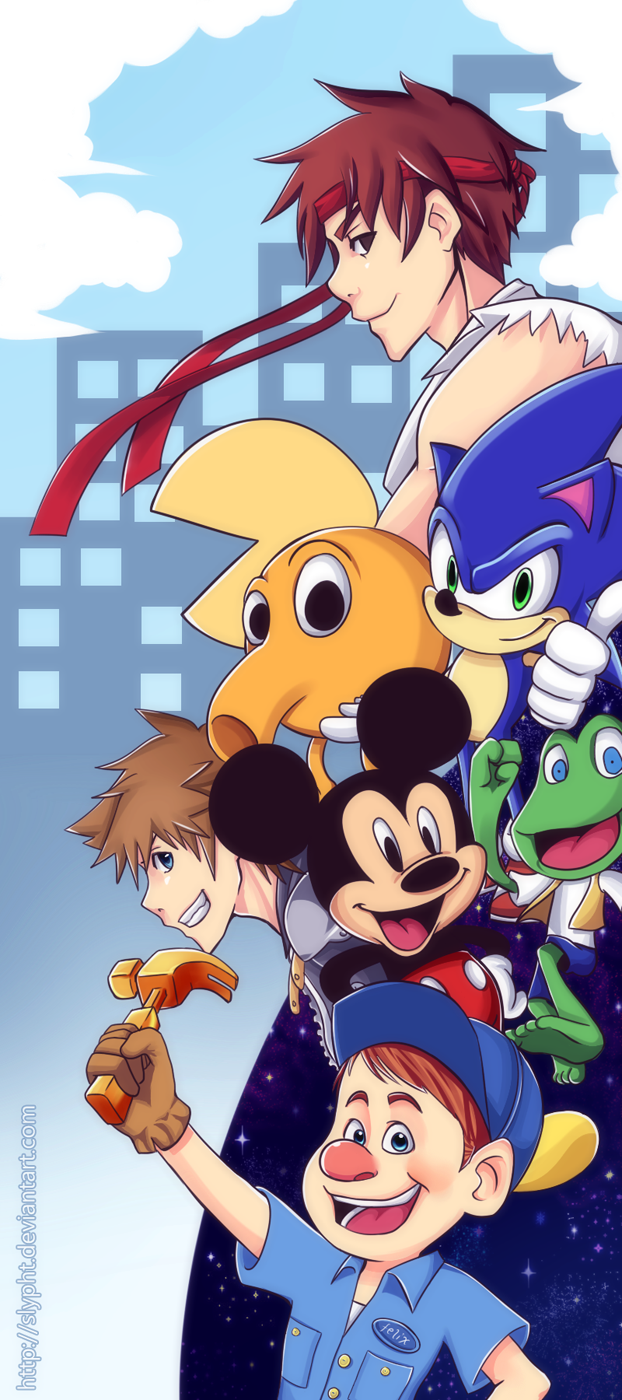Animated characters Ralph from Wreck-It Ralph, Mickey Mouse, Sonic the Hedgehog, Q*bert, Pac-Man, and Ryu from Street Fighter are depicted against a cityscape background.