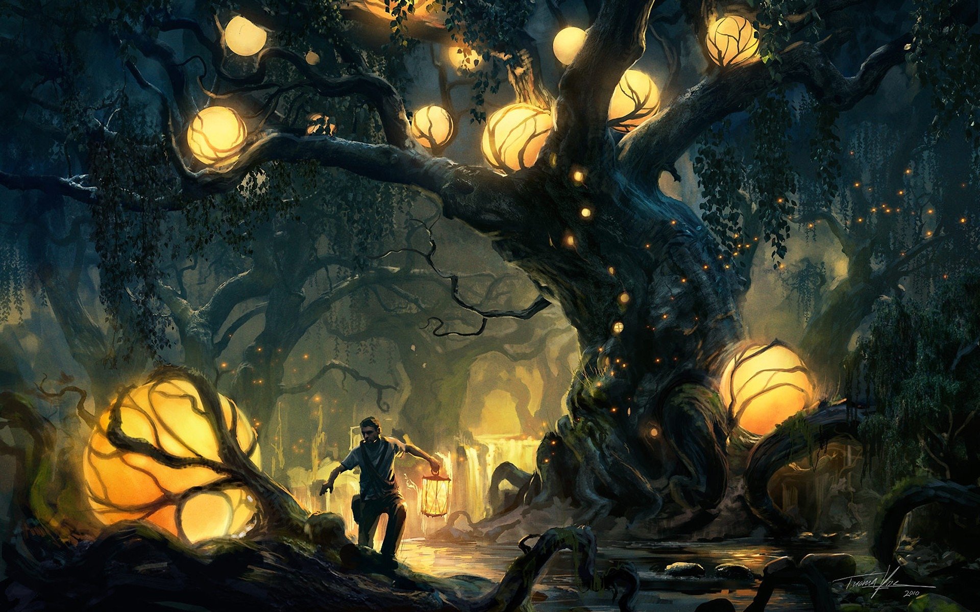 A lone traveler holding a lantern approaches a gigantic glowing tree in a twilight fantasy forest, its branches studded with warm, orb-like lights.