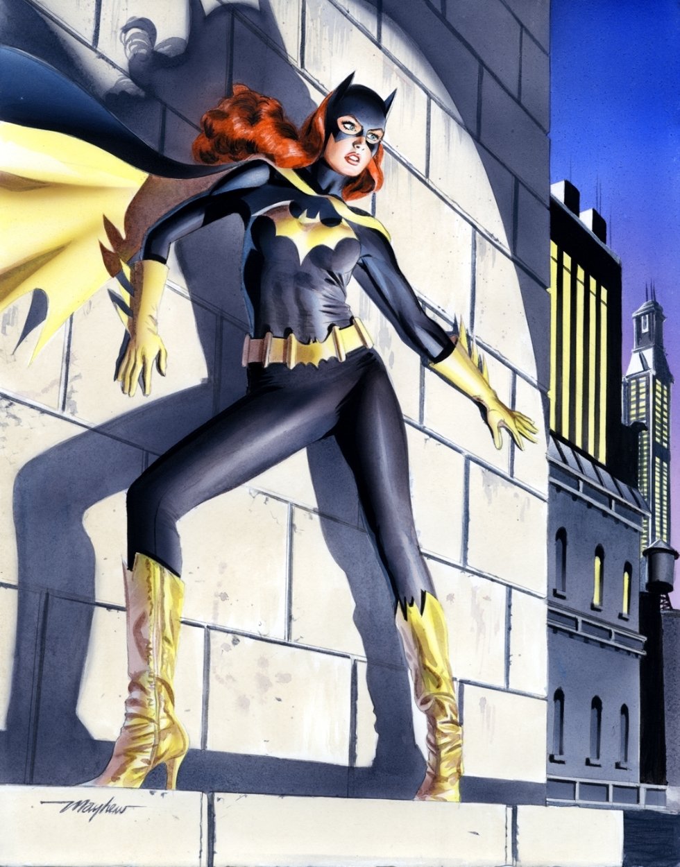 Batgirl, also known as Barbara Gordon, stands confidently in a spotlight against a cityscape, showcasing her iconic black and yellow costume from DC Comics. 