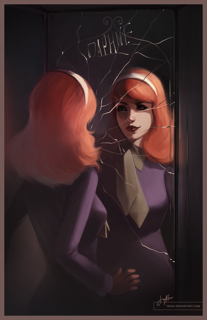 Daphne Blake from the Scooby-Doo TV show is depicted looking at her cracked reflection in a mirror, her name etched above the shards.