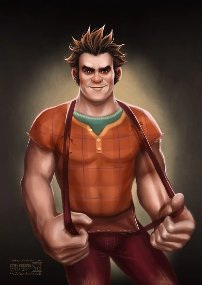 Stylized portrait of Ralph from the movie Wreck-It Ralph: brown hair, broad-shouldered, wearing an orange shirt with suspenders and a confident, mischievous grin.