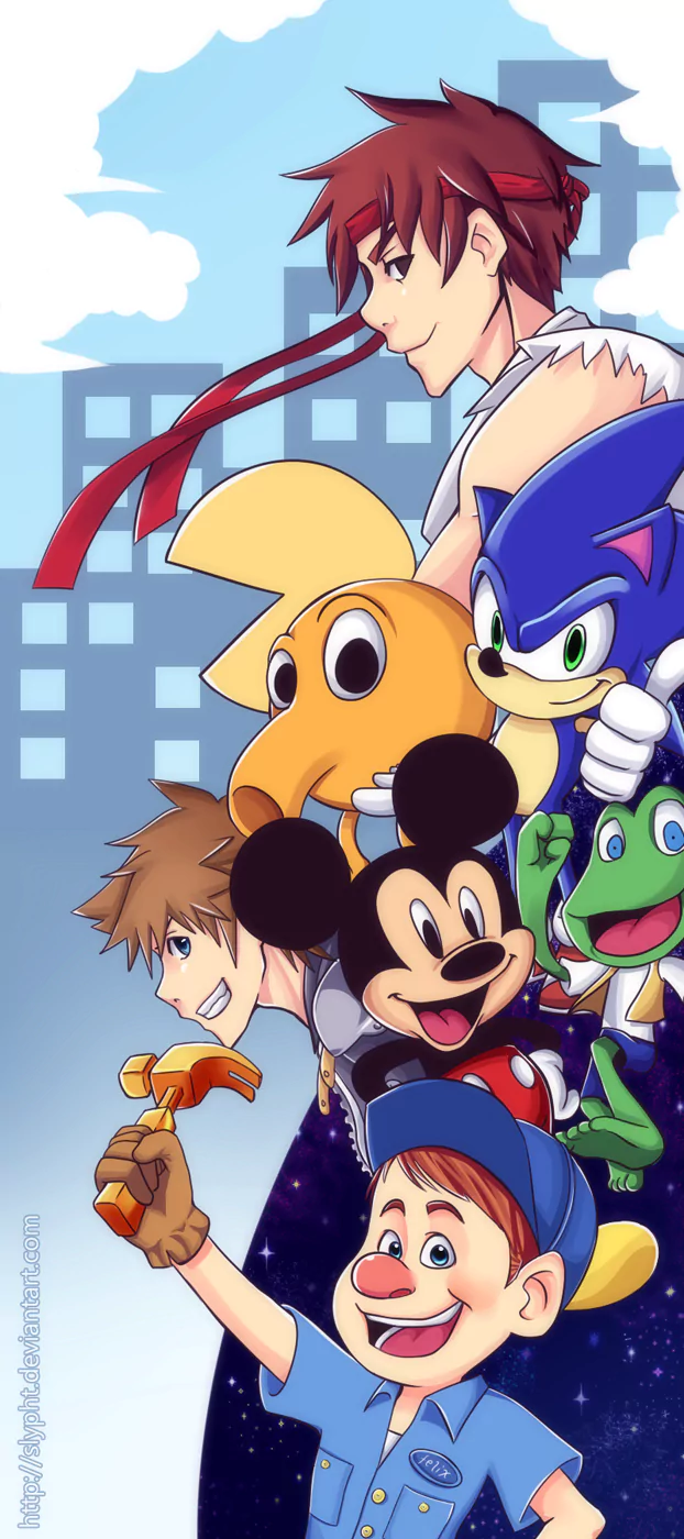 Ralph (Wreck-It Ralph) Mickey Mouse Sonic the Hedgehog Q*bert Pac-Man Ryu (Street Fighter) movie Wreck-It Ralph Image