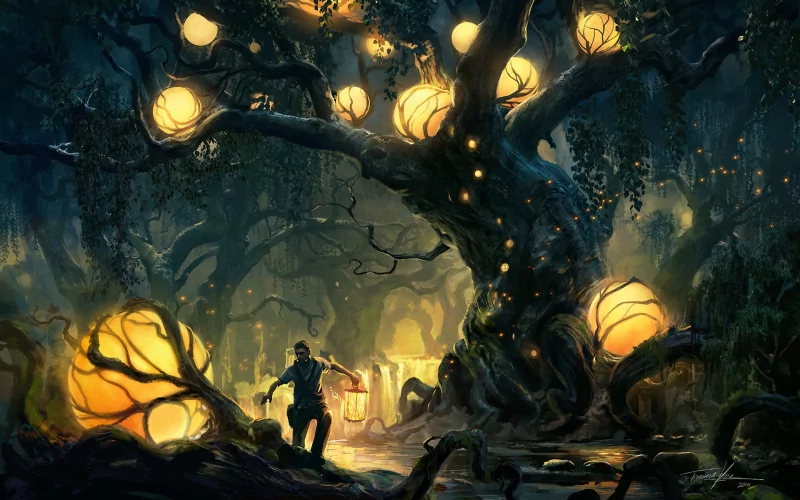 A lone traveler holding a lantern approaches a gigantic glowing tree in a twilight fantasy forest, its branches studded with warm, orb-like lights.