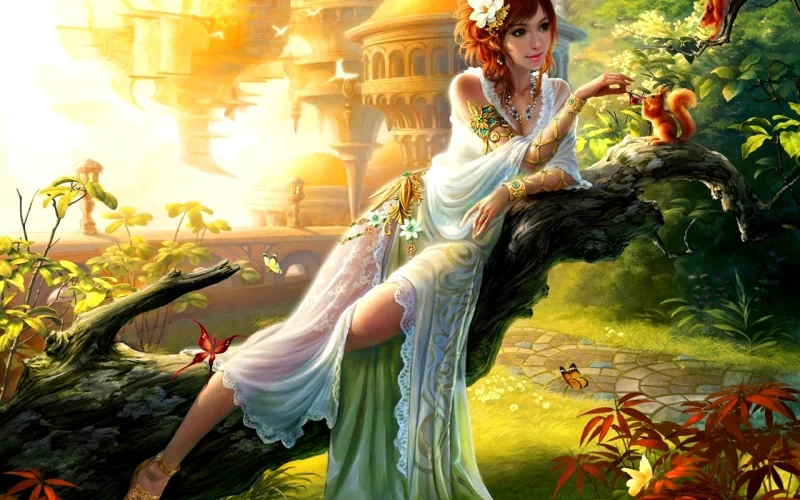 A fantasy scene featuring a woman in flowing white garments sitting gracefully on a tree branch, surrounded by vibrant nature and warm, golden light.
