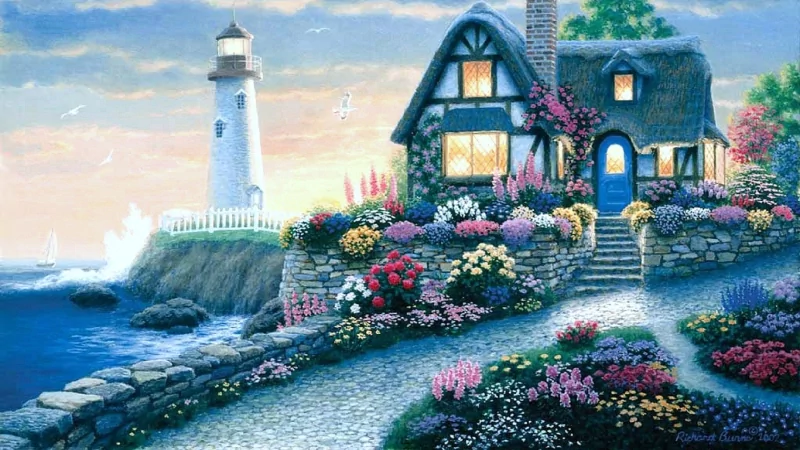 A charming cottage surrounded by vibrant flowers, set against a serene seaside and a lighthouse in the background, captured beautifully in this artistic painting.