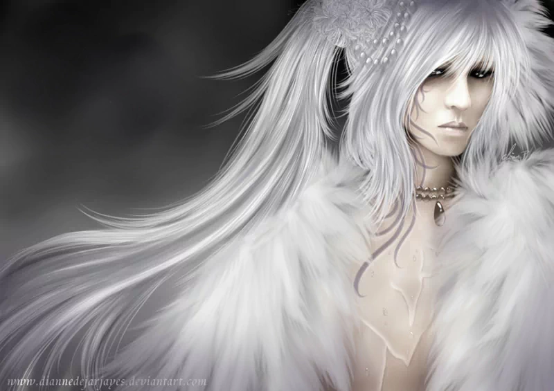 Ethereal portrait of a pale, white‑haired figure draped in flowing white fur and feathers, wearing necklaces; image tagged X Japan and yoshiki.