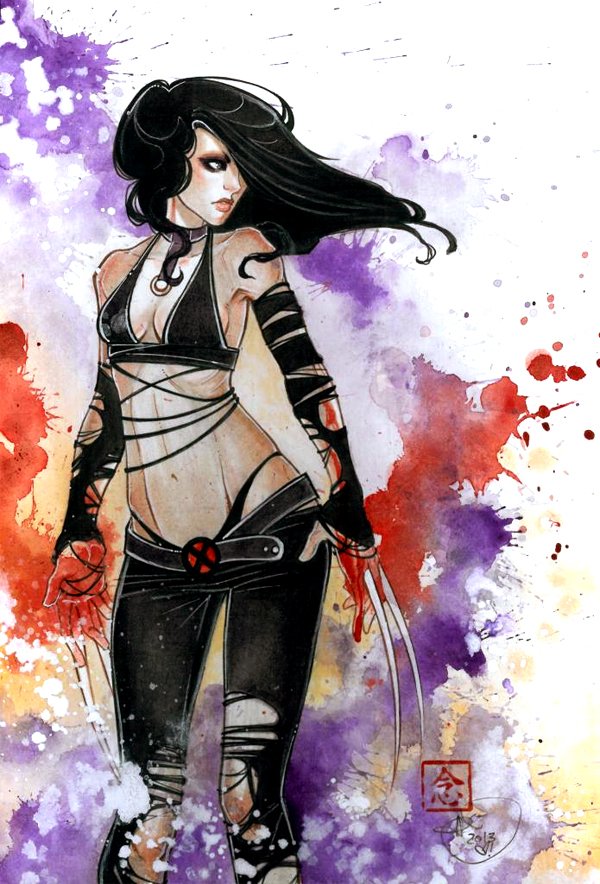 Watercolor comic illustration of X-23 (X-Men): fierce woman with long black hair, torn black outfit and twin extended claws, set against a red and purple paint-splatter background.