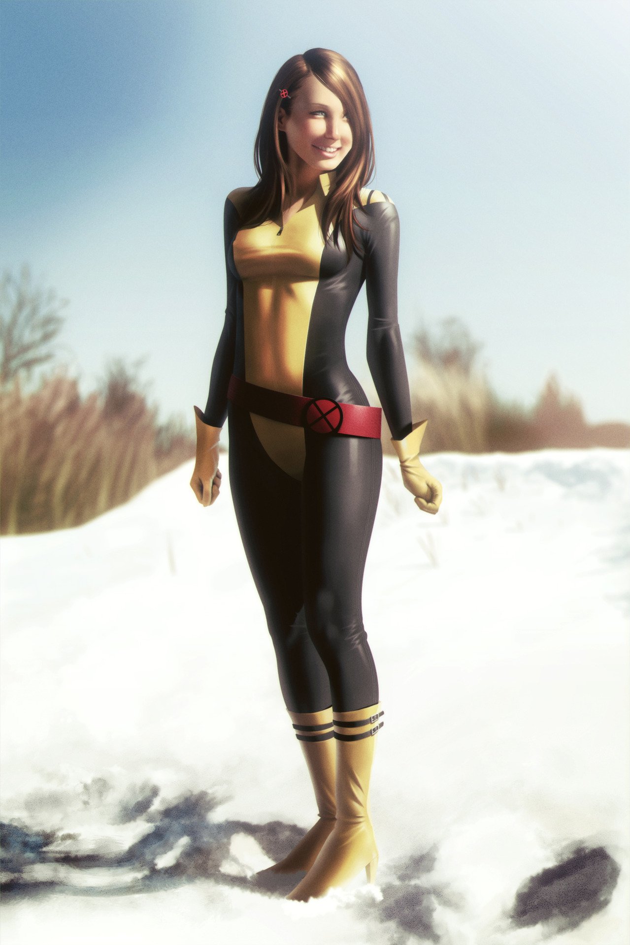 Kitty Pryde, the brown-haired mutant from X-Men comics, smiles confidently standing outdoors in snow wearing her iconic black and yellow costume with red X-Men belt.