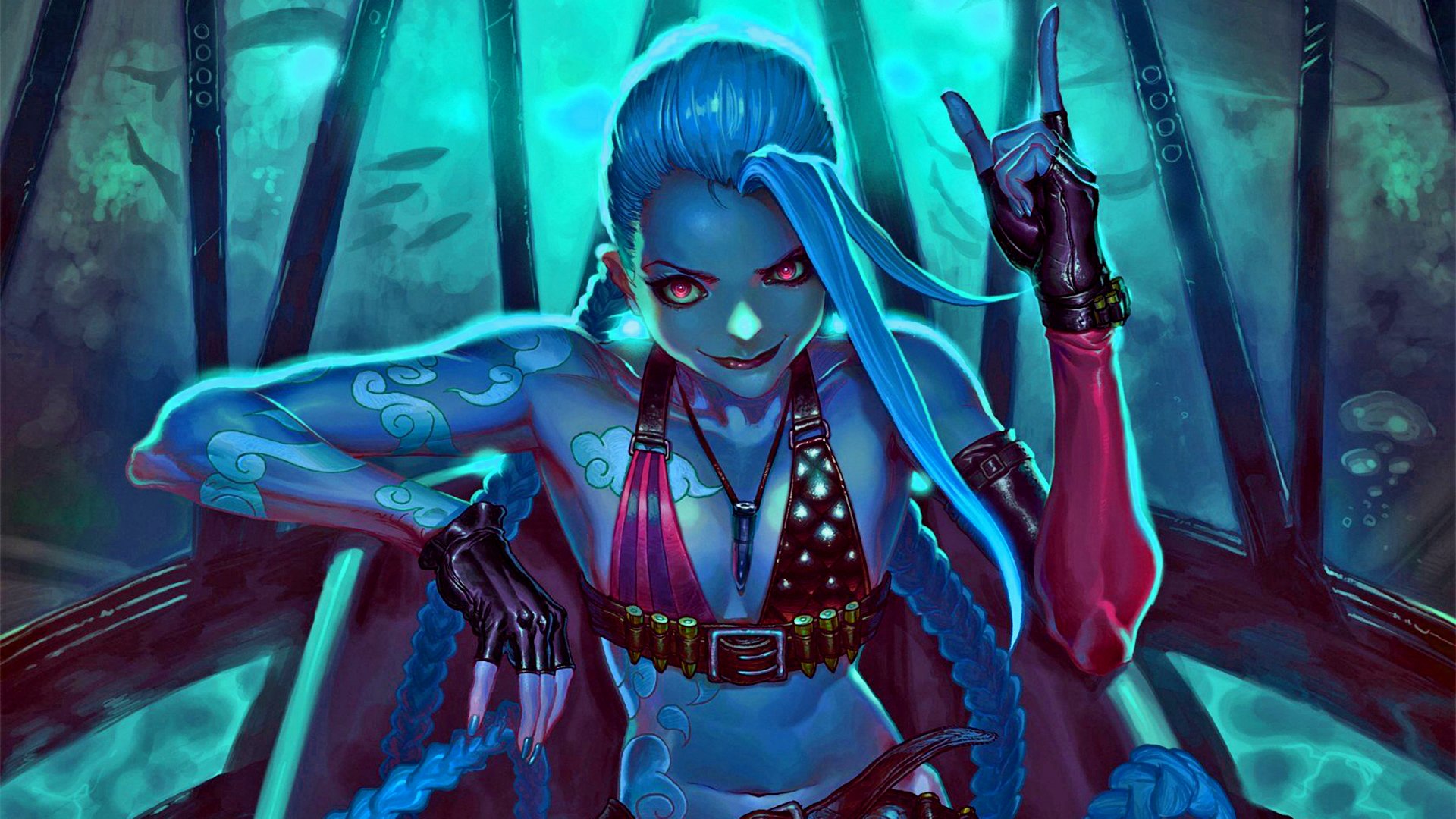 A vibrant character from League of Legends, featuring a blue-haired figure with striking red eyes and edgy attire, set against a mystic underwater backdrop.