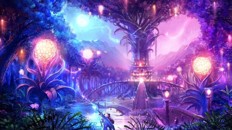 Bioluminescent forest city in the video game Tera — glowing giant plants, a central tree tower, arched bridge over reflective water beneath a purple-blue magical sky.