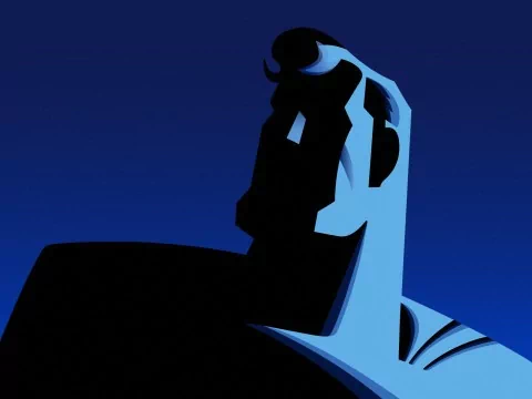 Silhouetted profile of Superman against a dark blue background, from the TV show Superman: The Animated Series.