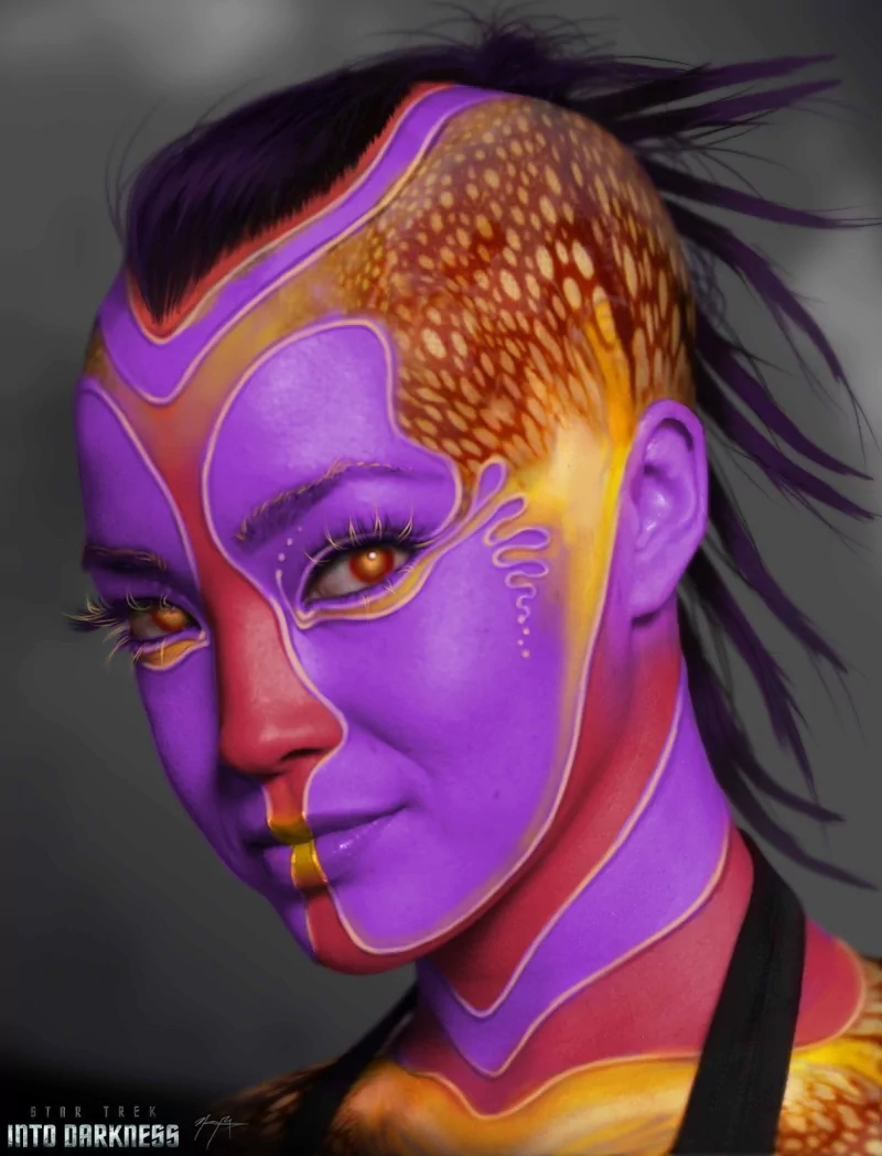 Close-up portrait of a purple-and-gold alien character with intricate facial markings, dramatic lashes and shaved hair — promotional art for the movie Star Trek Into Darkness.