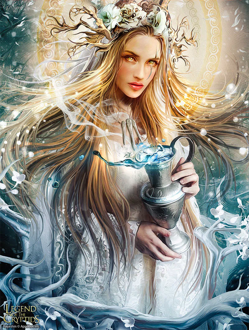 A mystical woman with flowing blonde hair and a crown of branches holds a silver pitcher pouring magical water, set in an ethereal environment from the video game Legend Of The Cryptids.