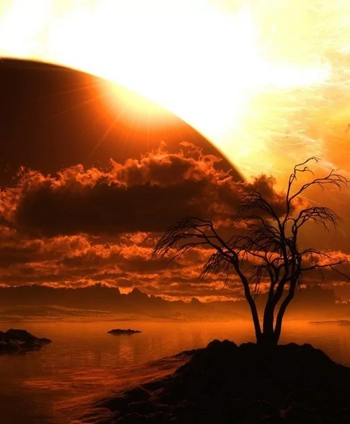 Artistic portrayal of a glowing celestial body rising behind a silhouetted barren tree over a calm body of water, blending cosmic and natural elements in warm, fiery tones.